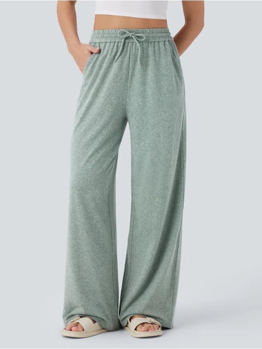 High Waisted Drawstring Pocket Wide Leg Baggy Casual Pants